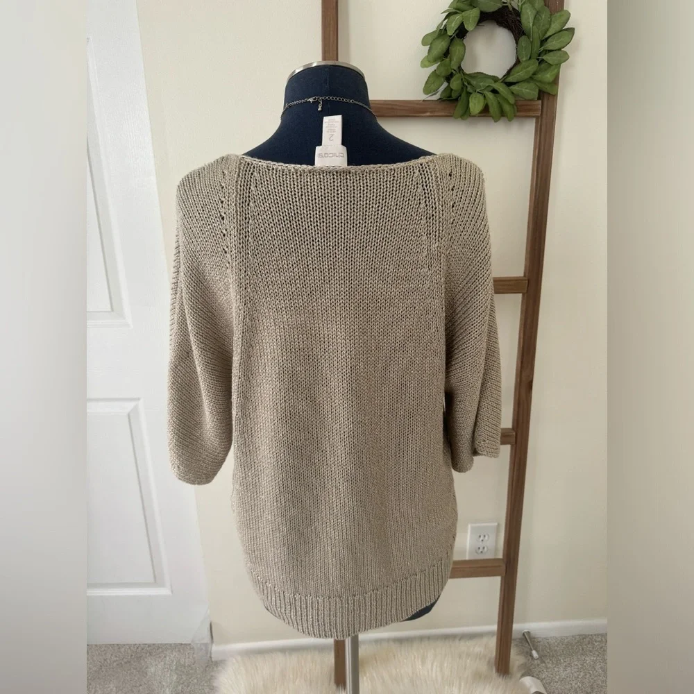 Chico's Tan Gold Shimmer Metallic Open Knit Short Sleeve Sweater Size Large